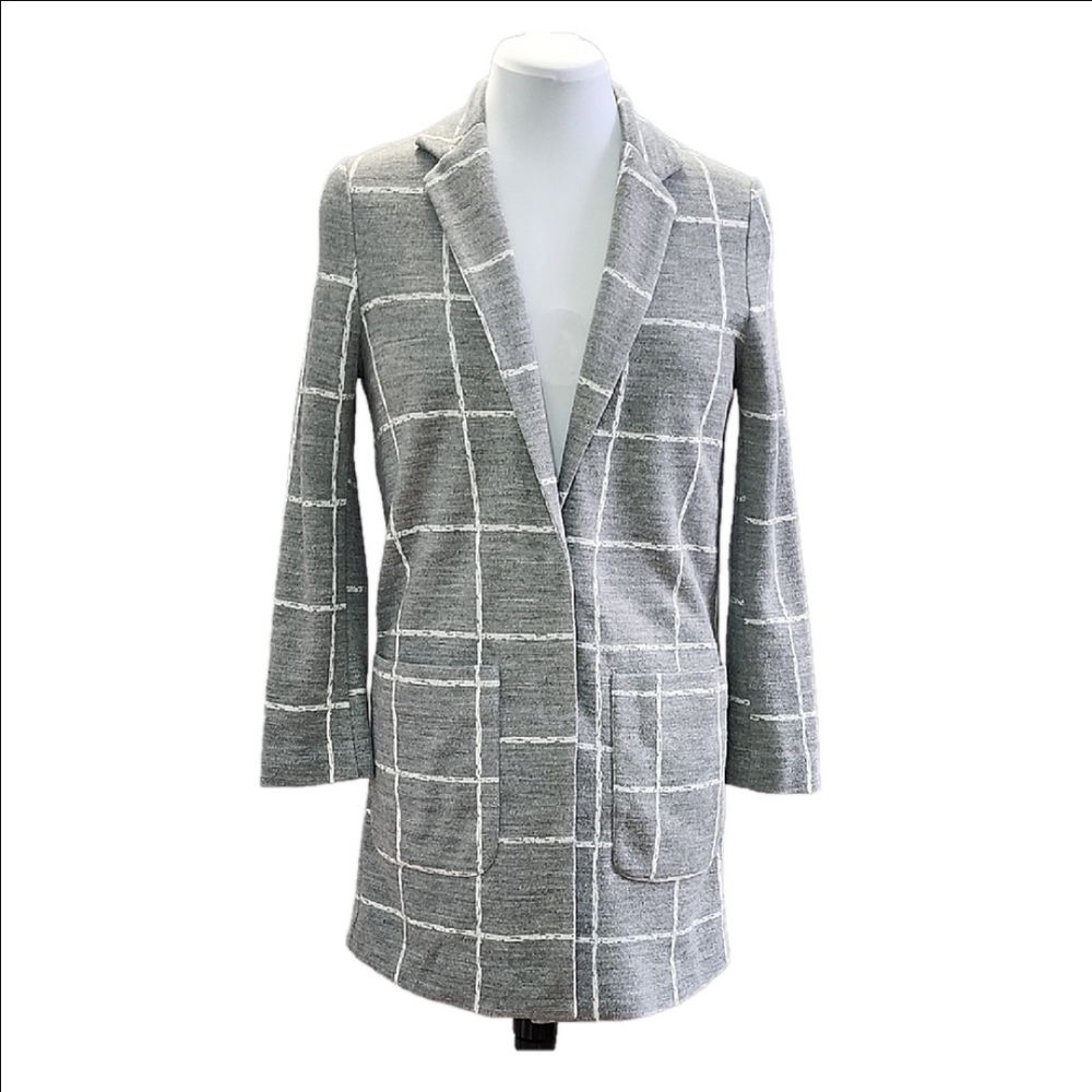 TOPSHOP PETITE Light gray plaid light weight relax fit long blazer